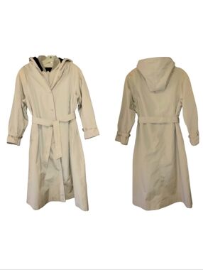 VTG Mervyn's Partners Petites Hooded Trench Coat Tan Plaid Lining 16 Petite